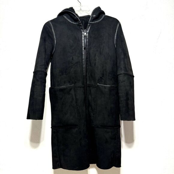 Zara Reversible Coat Long Jacket Sherpa Vegan Suede Black Hooded Women sz Medium - Picture 1 of 11
